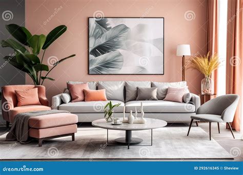 Living Room Interior with Sofa, Coffee Table and Plants Stock Image ...