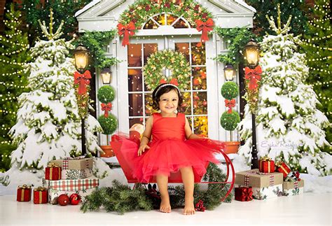 Christmas Door Backdrop. Christmas Scene Photo Backdrops with Snow