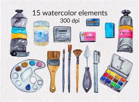 Watercolor Clipart Art Supplies Clipart Artist Clipart School | Etsy