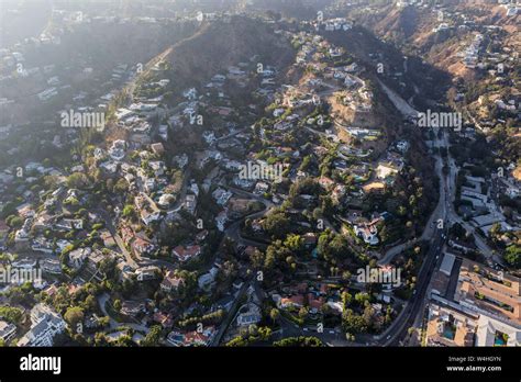 Aerial view of steep hillside homes near Laurel Canyon Blvd in the ...