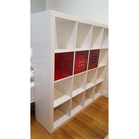 Ikea Expedit Shelf Unit in Glossy White w/ 3 Red Drawers - AptDeco