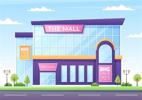 Premium Vector | Modern Shopping Mall Building Background Illustration with Exterior and Various ...