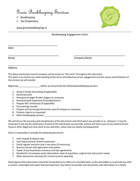 Bookkeeping Engagement Letter | Templates at allbusinesstemplates.com