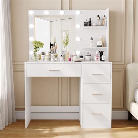 Rovaurx Makeup Vanity Table with Lighted Mirror, Makeup Vanity Desk ...