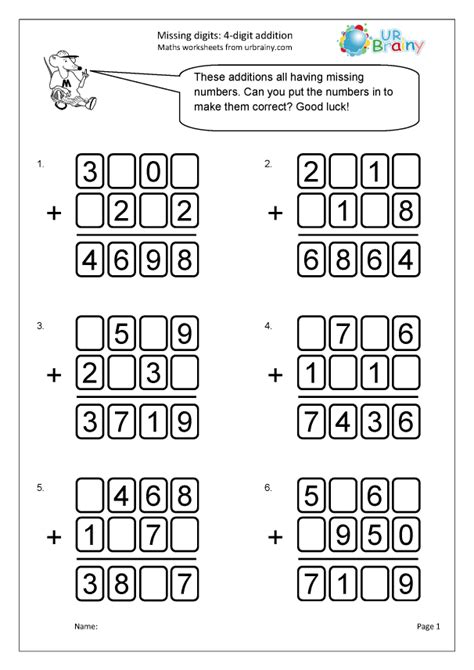 Missing digits: 4-digit addition - Addition by URBrainy.com