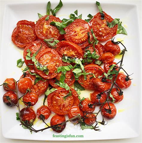 Fresh Basil Topped Slow Roasted Tomatoes - Feasting Is Fun