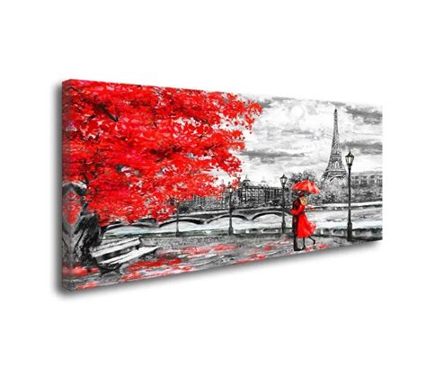 Canvas Wall Art Red Umbrella Couple in Street Tower Painting Printed ...