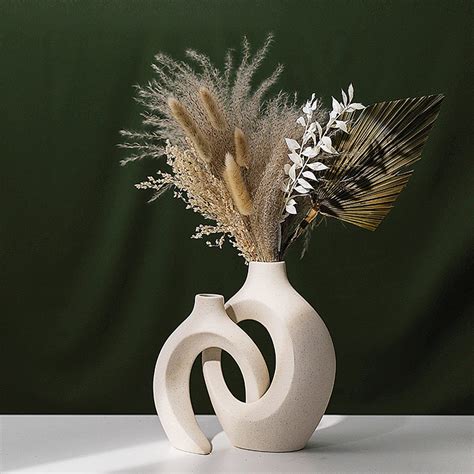DACOSTIC Hollow Ceramic Vase Set of 2 for Modern Home Decor , White Boho Donut Vases Nordic ...