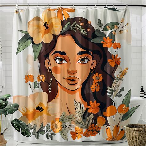 Beautiful African American Woman Floral Shower Curtain Vibrant Flowers Brown Hair Tropical ...