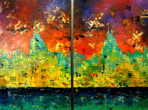 $199.00 Chicago Skyline.Large Abstract Cityscape canvas wall art. Bright Colors Painting ...