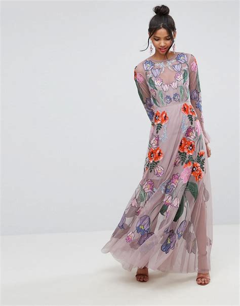 ASOS Salon Embroidered Floral Maxi Dress in Pink | Lyst