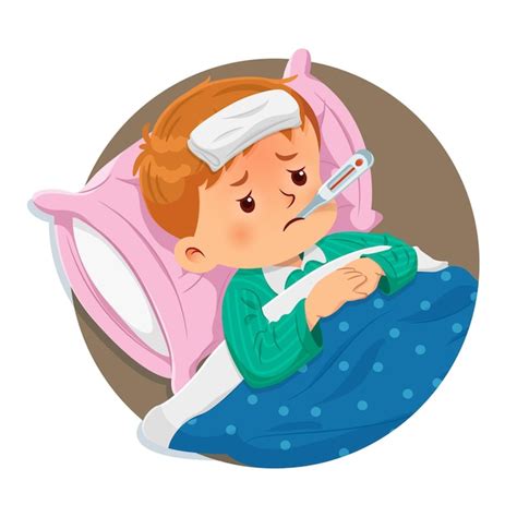 Premium Vector | Sick boy resting on the bed with a thermometer in his ...