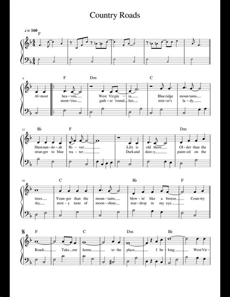 Country Roads sheet music for Piano download free in PDF or MIDI