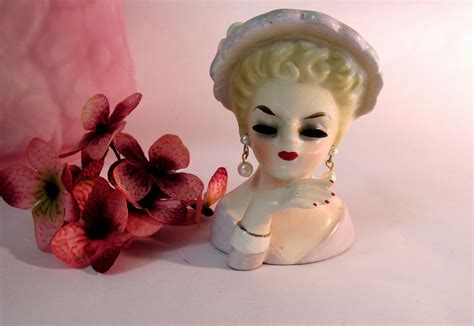 Pretty Vintage Inarco Lady Head Vase with Hand Lilac Dress and Hat, Pearl… Inarco, Head Vase ...