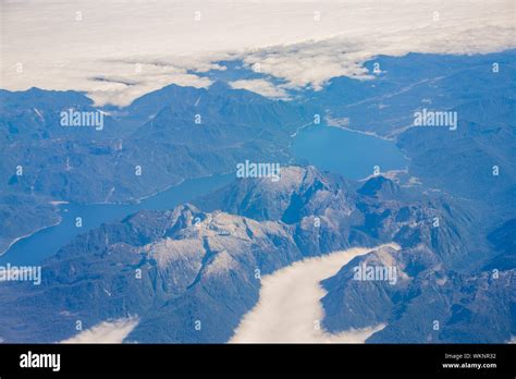 Aerial view of volcanoes in the Chilean Lake District viewed from an ...