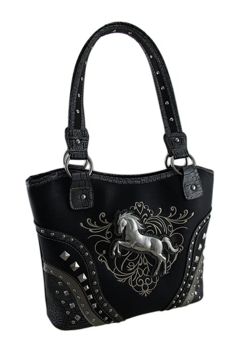 Western Horse Embroidered Studded Concealed Carry Womens Shoulder Handbags - Tanga