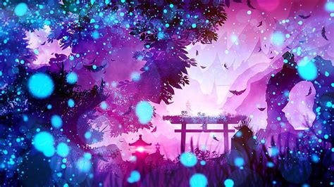 HD wallpaper: Fantasy, Landscape, Blue, Lantern, Nature, Purple, Shrine ...