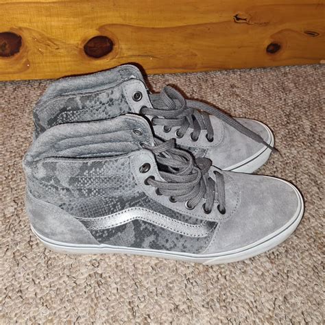 Grey suede high top vans metallic vans stripe... - Depop