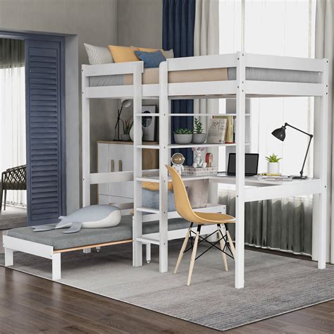 Euroco Twin Size Wood Bunk Bed with Shelves & Desk for Kids Bedroom, White - Walmart.com | Bunk ...