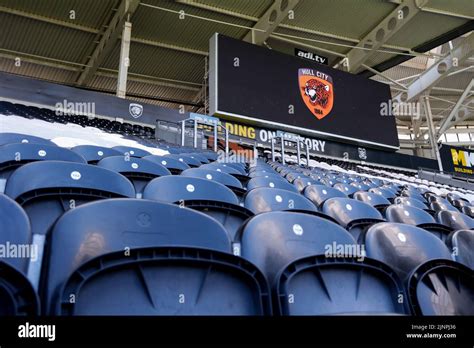 Hull, UK. 13th Aug, 2022. Hull City crest is shown on a big LED screen ...