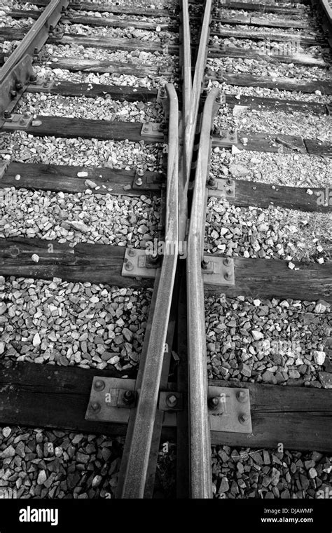 Railroad intersection tracks train Black and White Stock Photos ...