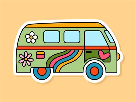 Vector Retro Hippie Van sticker isolated on yellow background. 70s ...