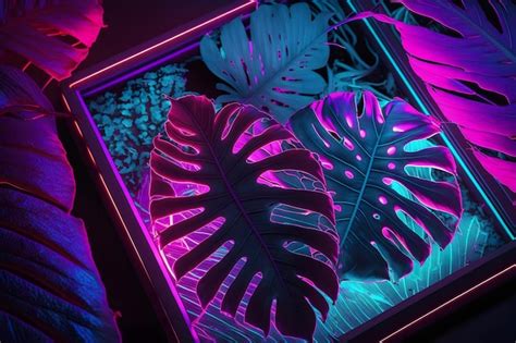 Premium AI Image | Colorful nature concept Neon colorful of tropical leaves with neon frame Leaf ...