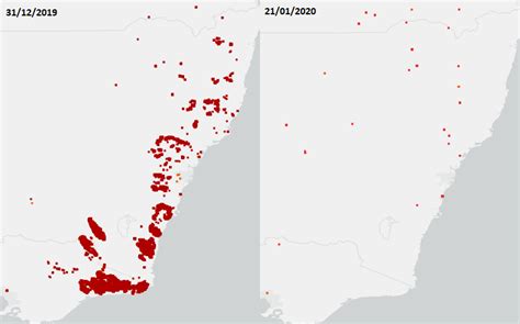 Satellite fire detection 3 weeks ago verse the last 24 hours : r/australia