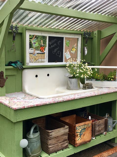 Pin by Linda Grunewald on Potting benches | Garden shed interiors, Outdoor potting bench, Shed ...