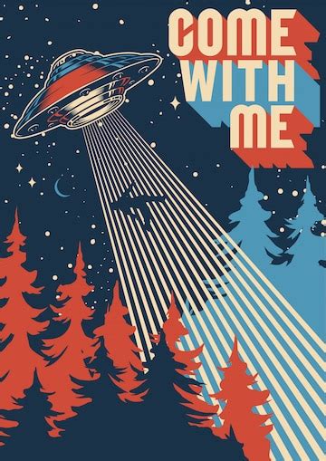 Premium Vector | UFO abducts man colorful poster