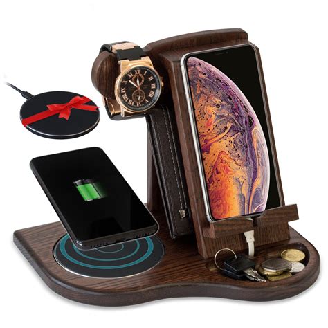 Wood Phone Docking Station with Wireless Charger Included Ash Wallet Stand Watch Organizer Men's ...