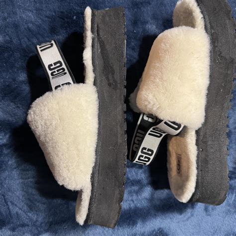 UGG white slippers- black straps and bottoms,... - Depop