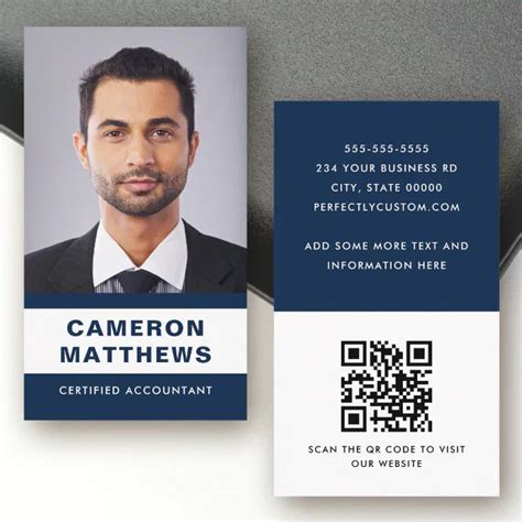 Modern dark blue and white add photo QR code Business Card | Zazzle