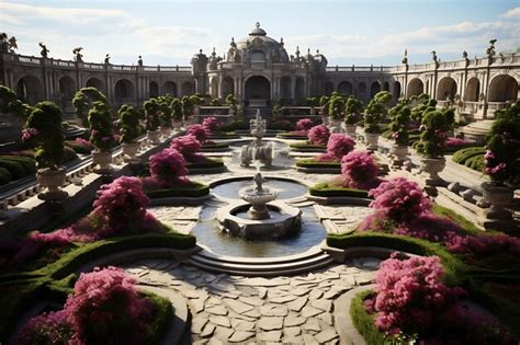 Premium AI Image | Formal Sunken Garden Pond With Topiaries and Blooms ...