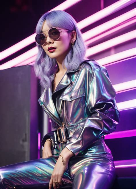 Lexica - Seulgi glamorous holographic style grey leather full outfit with lilac hair and ...