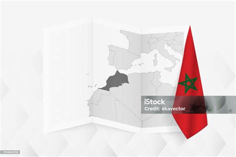 A Grayscale Map Of Morocco With A Hanging Moroccan Flag On One Side ...