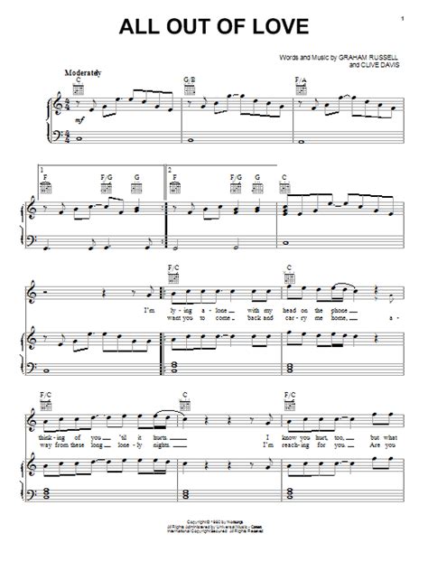 All Out Of Love by Air Supply Sheet Music for Piano, Vocal & Guitar Chords (Right-Hand Melody ...