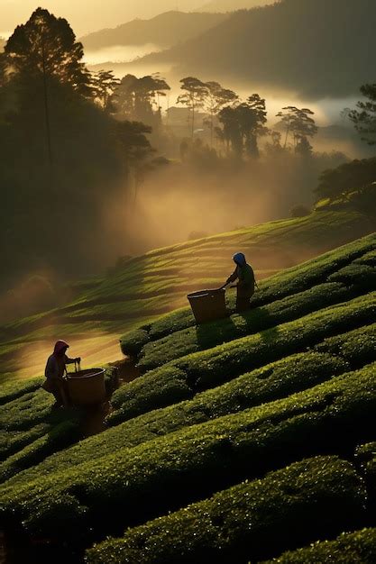 Premium AI Image | workers on a tea plantation in the morning