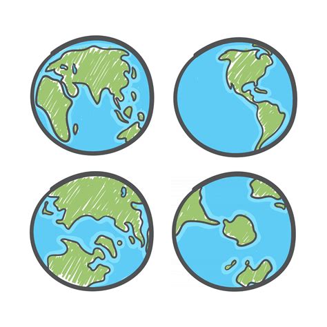 Earth drawing on white background. World map or globe in doodles style. Global drawing Earth day ...