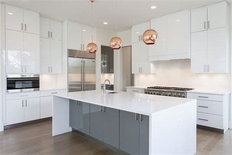 Modern kitchen with white high gloss slab cabinets, copper pendants, and contrasting gr… | Gloss ...