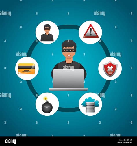 cartoon hacker man with cyber security icons around. colorful design ...