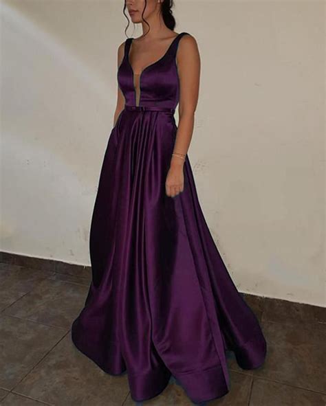 Purple Prom dress with Deep V Neck A Line Satin Formal Gown Long PL3650 ...