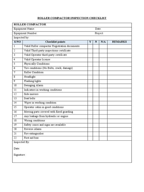 Roller Compactor Inspection Checklist | PDF | Wheeled Vehicles | Car