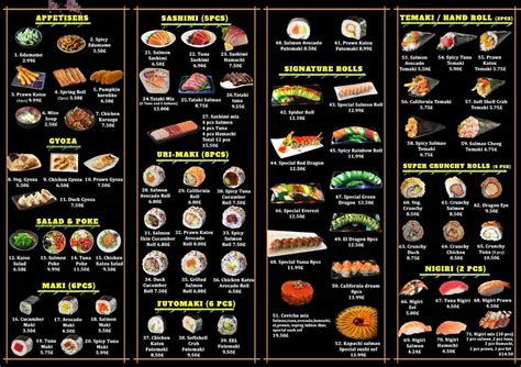 Menu at Toro sushi restaurant, London