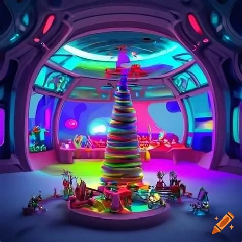 3d art of a futuristic santa's workshop with rainbow reindeer