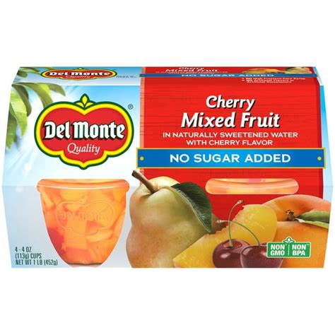 (4 Cups) Del Monte Cherry Flavor Mixed Fruit Cup, No Sugar Added, 4 oz - Walmart.com