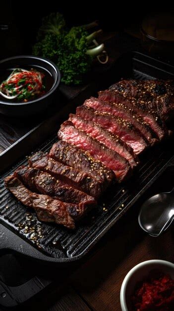 Premium AI Image | A large steak on a grill next to bowls of vegetables ...