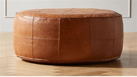 Round Saddle Leather Pouf-Ottoman | CB2