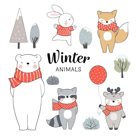 Premium Vector | Draw set animals for winter christmas and new year.