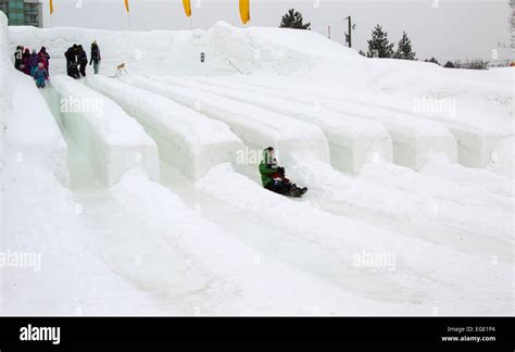 Winterlude Festival. Snowflake Kingdom Jacques Cartier Park Gatineau Quebec Canada. Ice Slides ...